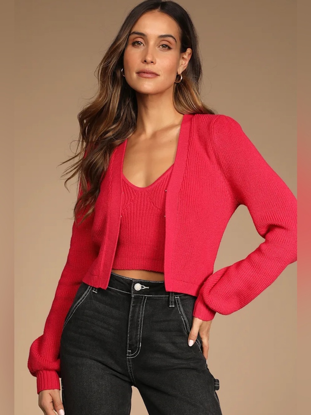 Cozy Duo Magenta Ribbed Knit Cami and Cardigan Set